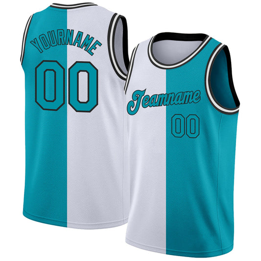 Custom White Teal-Black Authentic Split Fashion Basketball Jersey - Sky-Custom