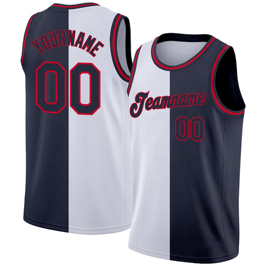 Custom White Navy-Red Authentic Split Fashion Basketball Jersey - Sky-Custom