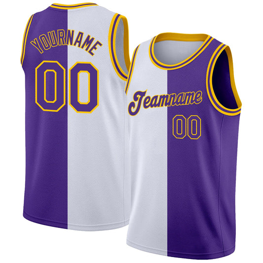 Custom White Purple-Gold Authentic Split Fashion Basketball Jersey - Sky-Custom