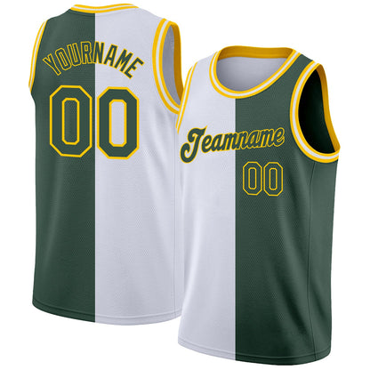 Custom White Hunter Green-Gold Authentic Split Fashion Basketball Jersey - Sky-Custom