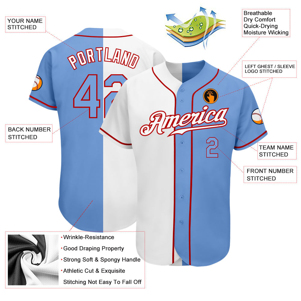 Custom White Light Blue-Red Authentic Split Fashion Baseball Jersey - Sky-Custom