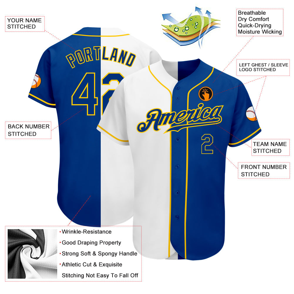 Custom White Royal-Gold Authentic Split Fashion Baseball Jersey - Sky-Custom