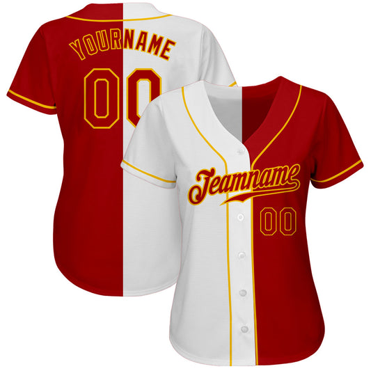 Custom White Red-Gold Authentic Split Fashion Baseball Jersey - Sky-Custom