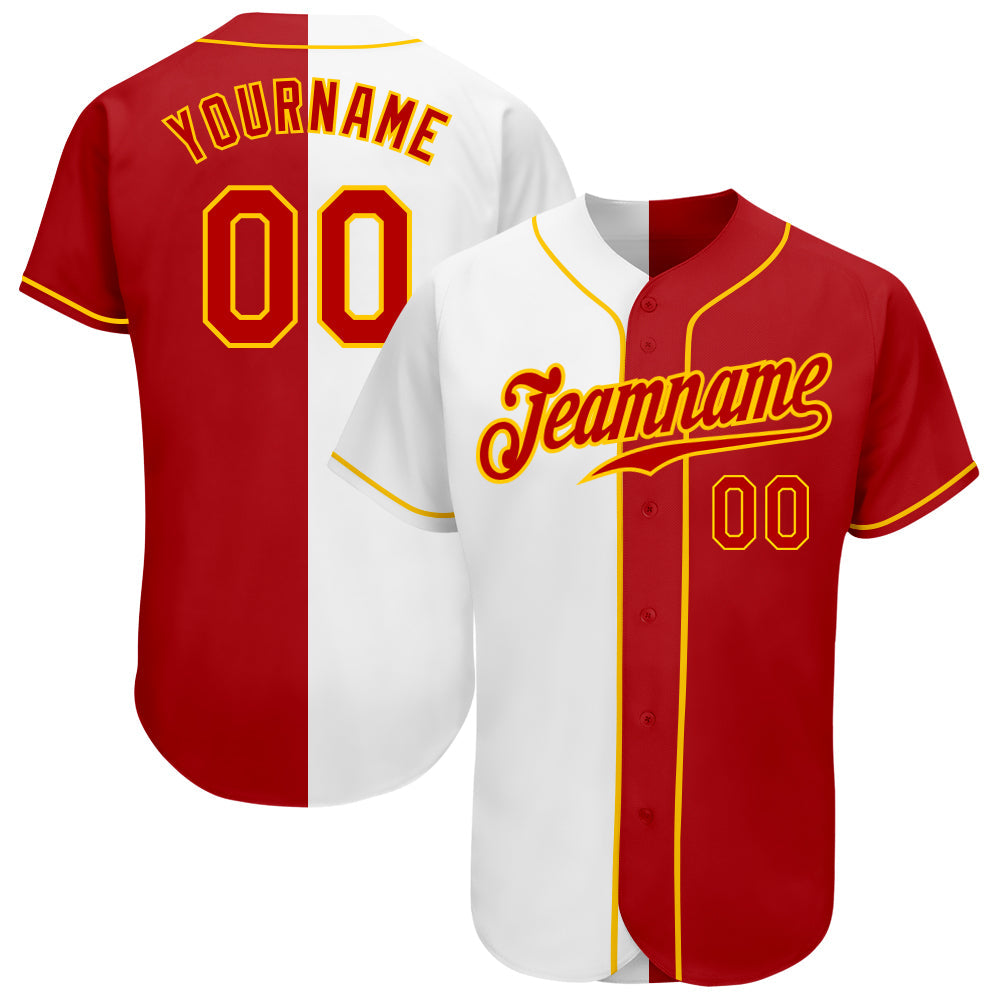 Custom White Red-Gold Authentic Split Fashion Baseball Jersey - Sky-Custom