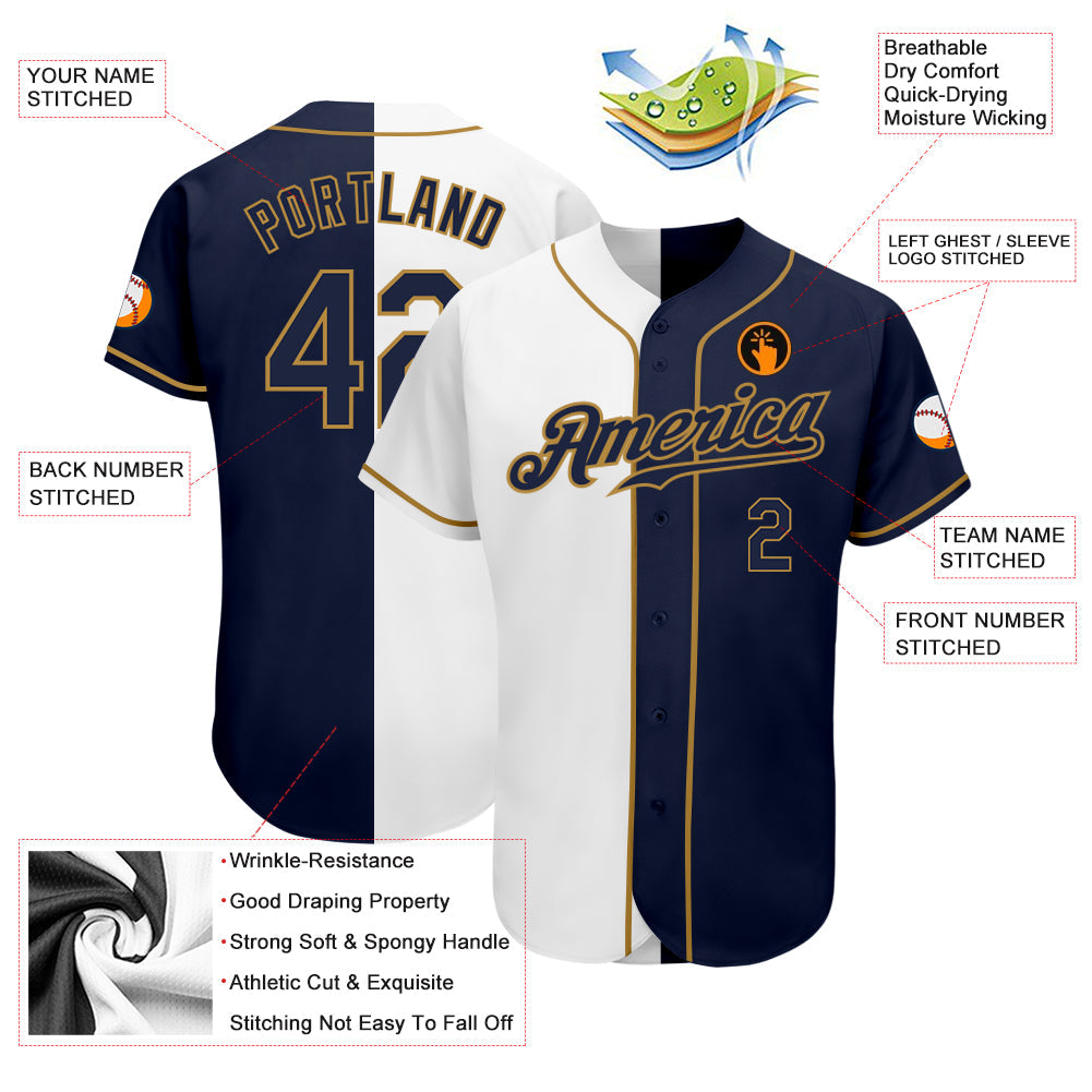 Custom White Navy-Old Gold Authentic Split Fashion Baseball Jersey - Sky-Custom