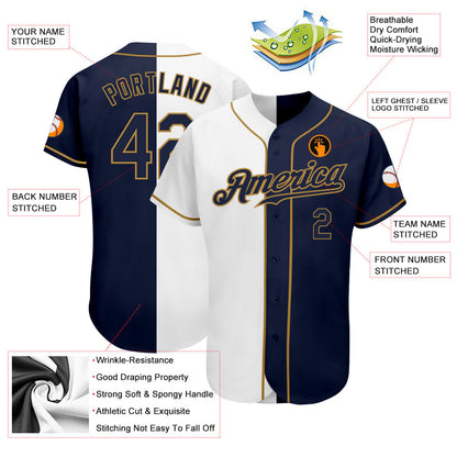 Custom White Navy-Old Gold Authentic Split Fashion Baseball Jersey - Sky-Custom