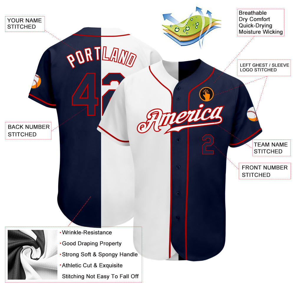 Custom White Navy-Red Authentic Split Fashion Baseball Jersey - Sky-Custom