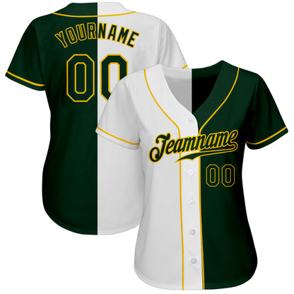 Custom White Green-Gold Authentic Split Fashion Baseball Jersey - Sky-Custom