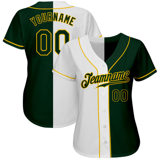 Custom White Green-Gold Authentic Split Fashion Baseball Jersey - Sky-Custom