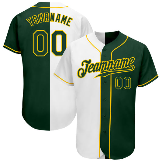 Custom White Green-Gold Authentic Split Fashion Baseball Jersey - Sky-Custom