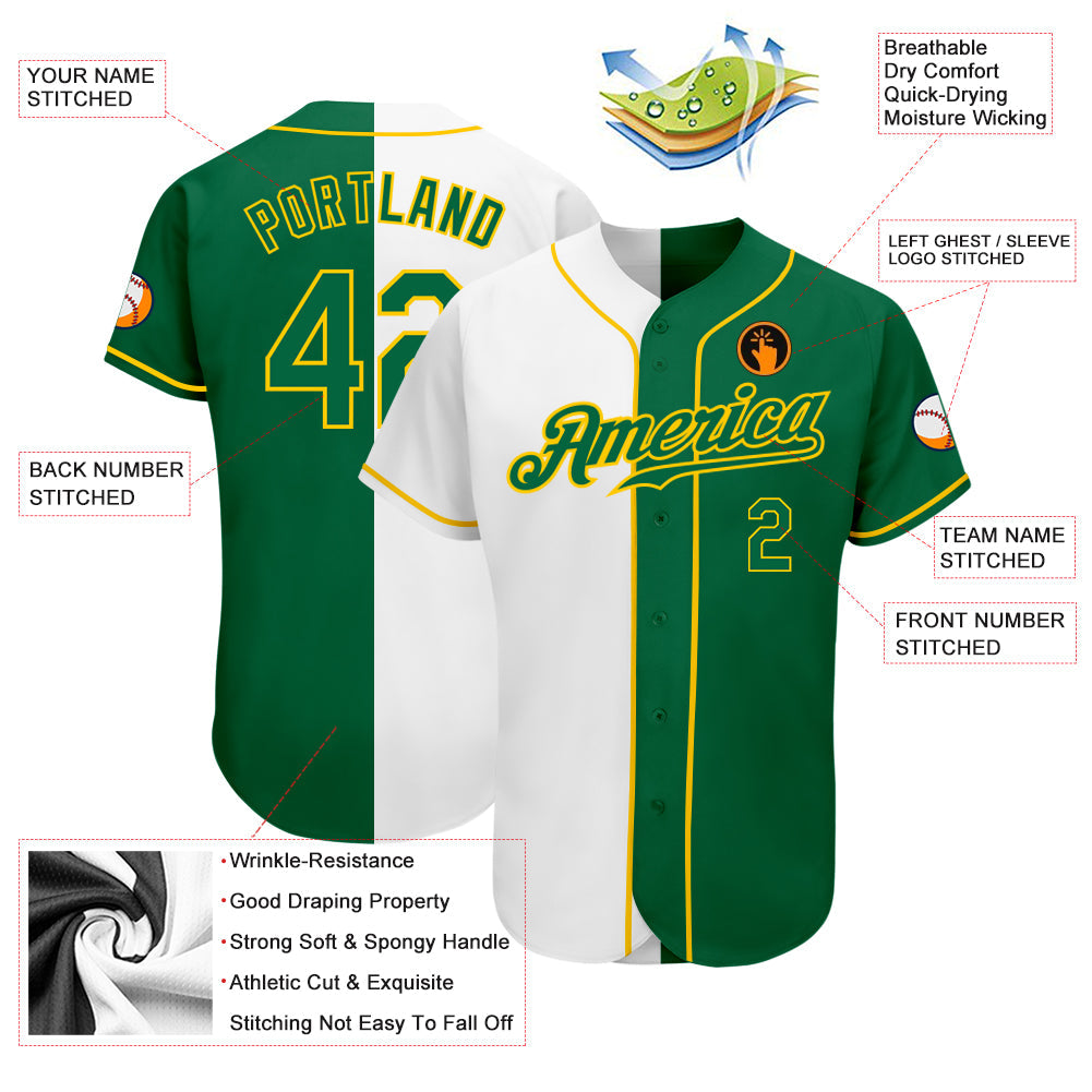 Custom White Kelly Green-Gold Authentic Split Fashion Baseball Jersey - Sky-Custom