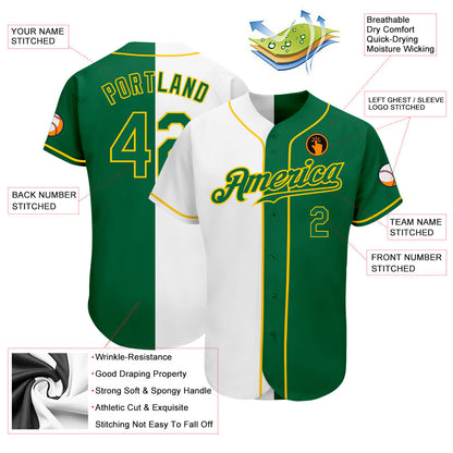 Custom White Kelly Green-Gold Authentic Split Fashion Baseball Jersey - Sky-Custom