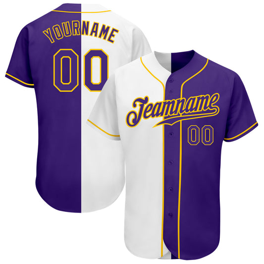 Custom White Purple-Gold Authentic Split Fashion Baseball Jersey - Sky-Custom