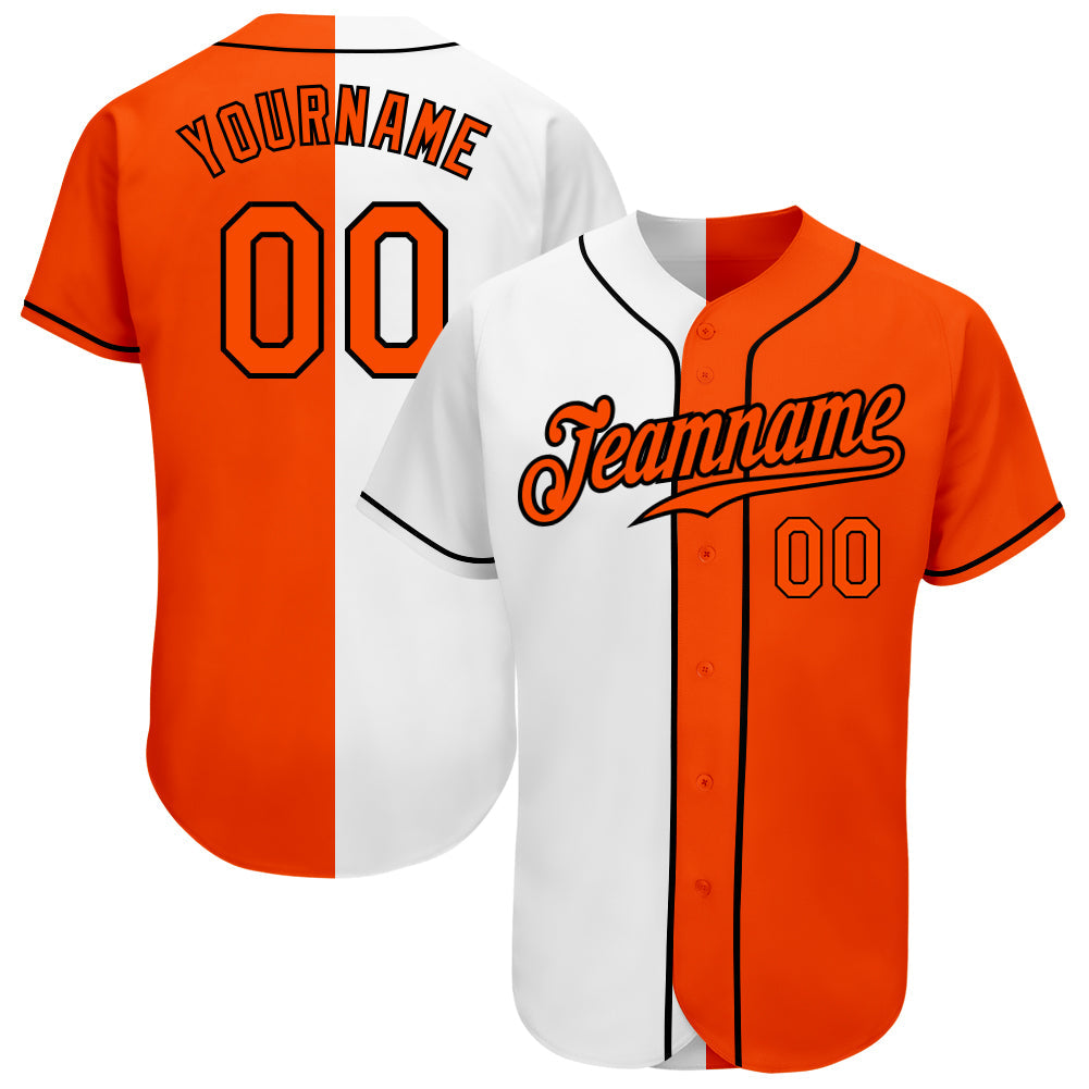 Custom White Orange-Black Authentic Split Fashion Baseball Jersey - Sky-Custom