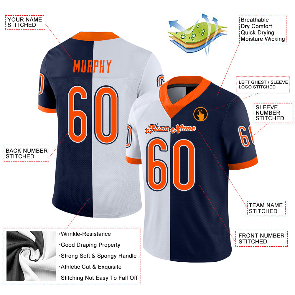 Custom Navy Orange-White Mesh Split Fashion Football Jersey - Sky-Custom