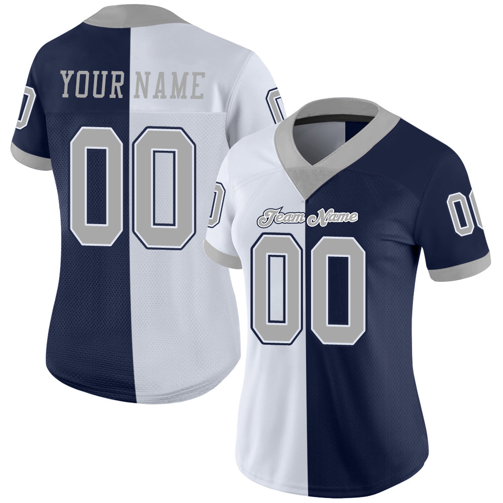 Custom Navy Gray-White Mesh Split Fashion Football Jersey - Sky-Custom