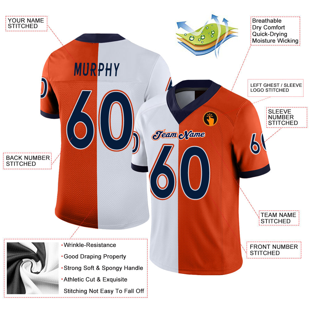 Custom Orange Navy-White Mesh Split Fashion Football Jersey - Sky-Custom