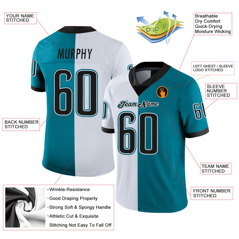 Custom Teal Black-White Mesh Split Fashion Football Jersey - Sky-Custom