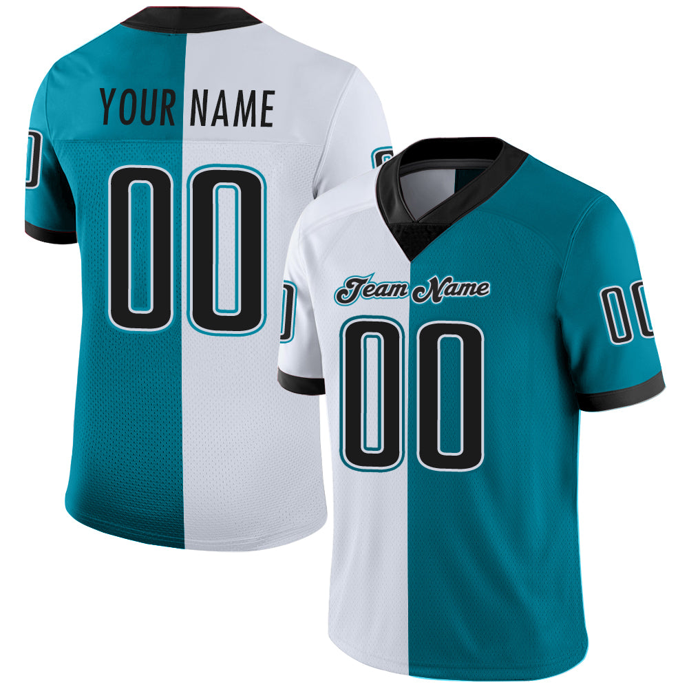 Custom Teal Black-White Mesh Split Fashion Football Jersey - Sky-Custom