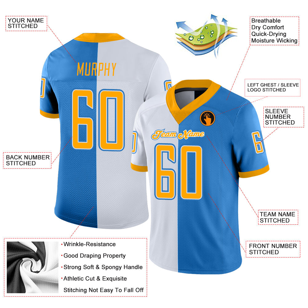 Custom Powder Blue Gold-White Mesh Split Fashion Football Jersey - Sky-Custom