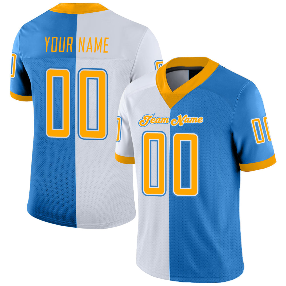 Custom Powder Blue Gold-White Mesh Split Fashion Football Jersey - Sky-Custom