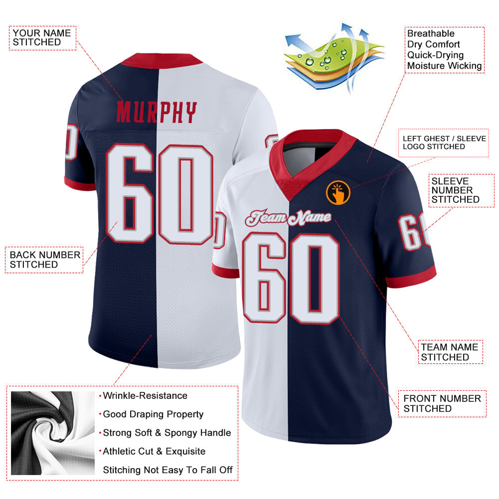 Custom Navy White-Scarlet Mesh Split Fashion Football Jersey - Sky-Custom