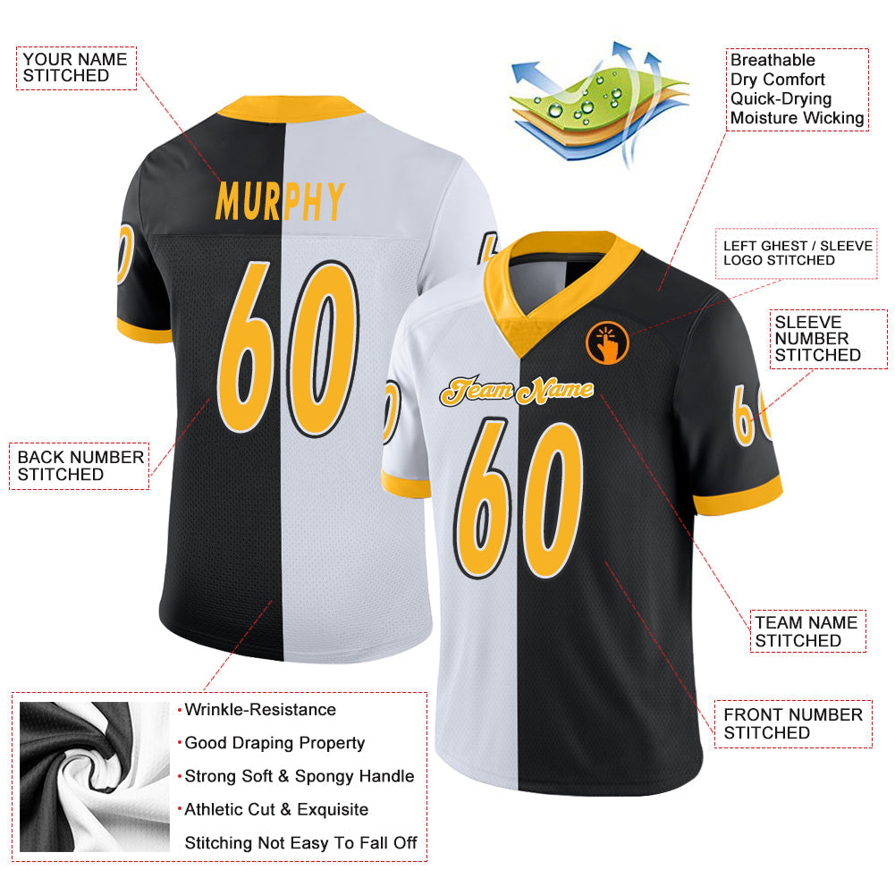 Custom Black Gold-White Mesh Split Fashion Football Jersey - Sky-Custom