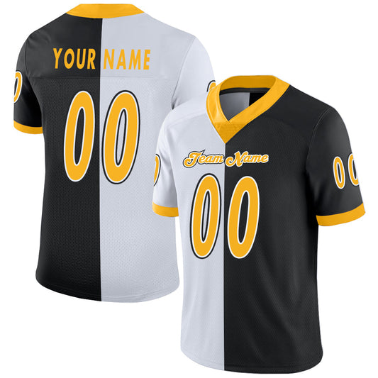 Custom Black Gold-White Mesh Split Fashion Football Jersey - Sky-Custom