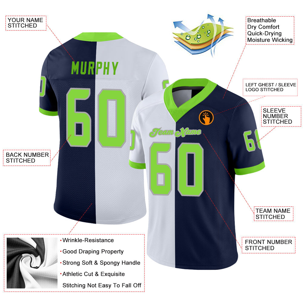 Custom Navy Neon Green-White Mesh Split Fashion Football Jersey - Sky-Custom