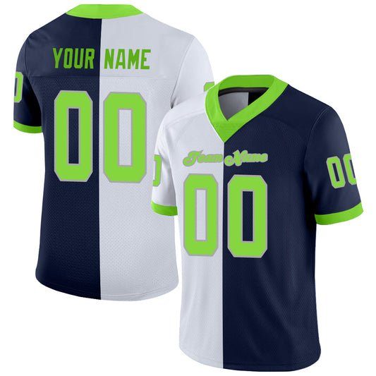 Custom Navy Neon Green-White Mesh Split Fashion Football Jersey - Sky-Custom