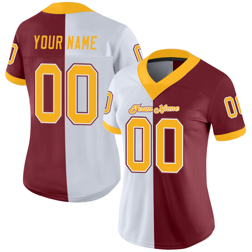 Custom Burgundy Gold-White Mesh Split Fashion Football Jersey - Sky-Custom