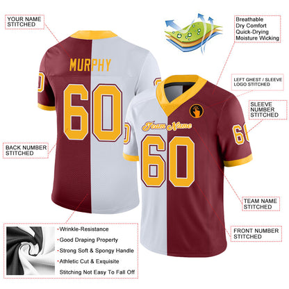 Custom Burgundy Gold-White Mesh Split Fashion Football Jersey - Sky-Custom