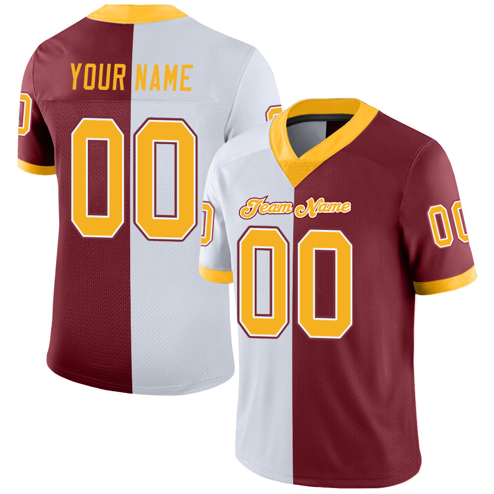 Custom Burgundy Gold-White Mesh Split Fashion Football Jersey - Sky-Custom