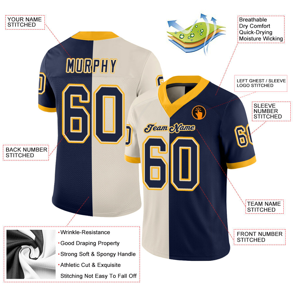 Custom Cream Navy-Gold Mesh Split Fashion Football Jersey - Sky-Custom