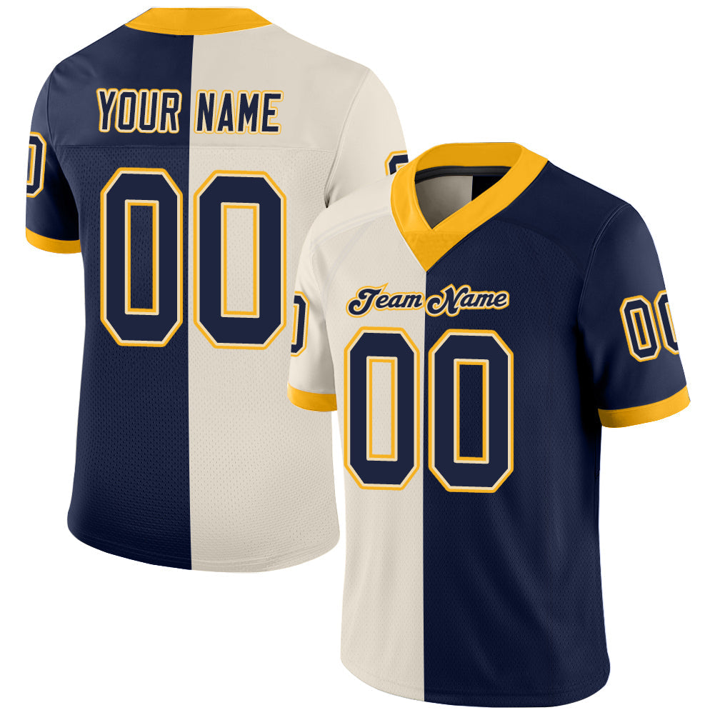 Custom Cream Navy-Gold Mesh Split Fashion Football Jersey - Sky-Custom