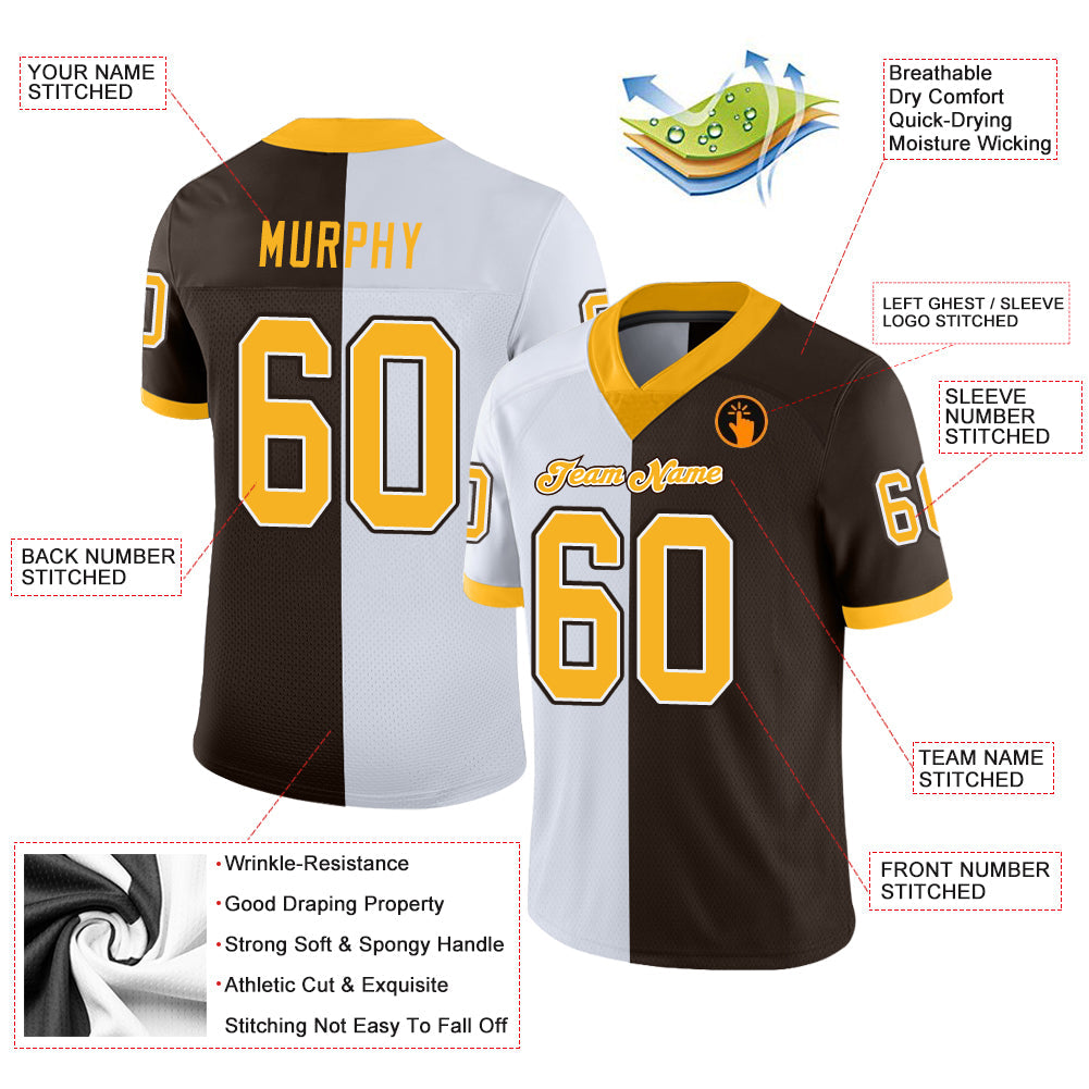 Custom Brown Gold-White Mesh Split Fashion Football Jersey - Sky-Custom