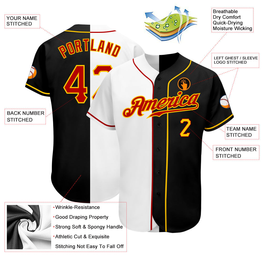 Custom Black Red-White Authentic Split Fashion Baseball Jersey - Sky-Custom