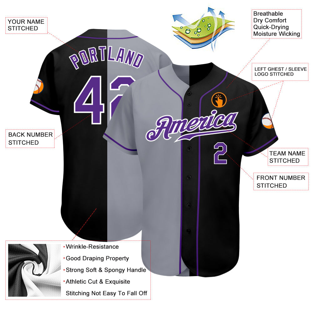 Custom Black Purple-Gray Authentic Split Fashion Baseball Jersey - Sky-Custom