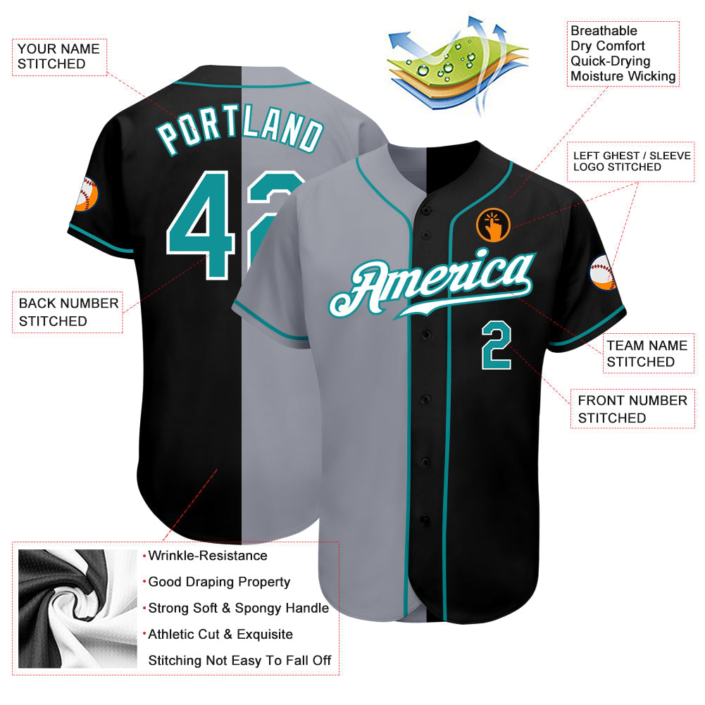 Custom Black Teal-Gray Authentic Split Fashion Baseball Jersey - Sky-Custom