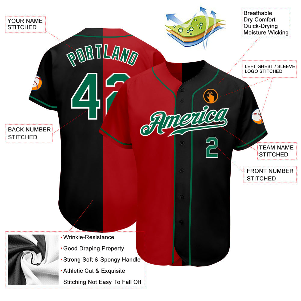Custom Black Kelly Green-Red Authentic Split Fashion Baseball Jersey - Sky-Custom