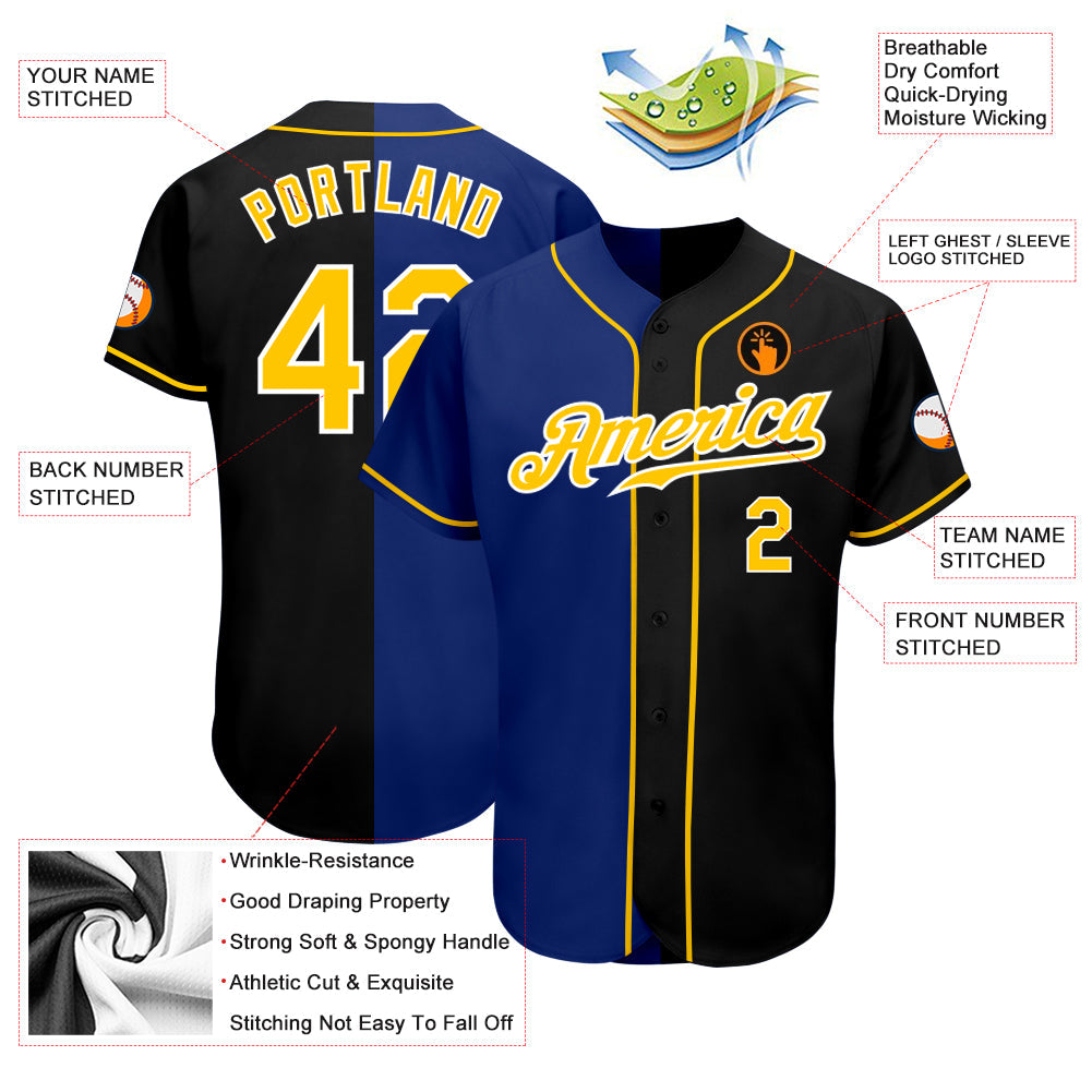 Custom Black Gold-Royal Authentic Split Fashion Baseball Jersey - Sky-Custom