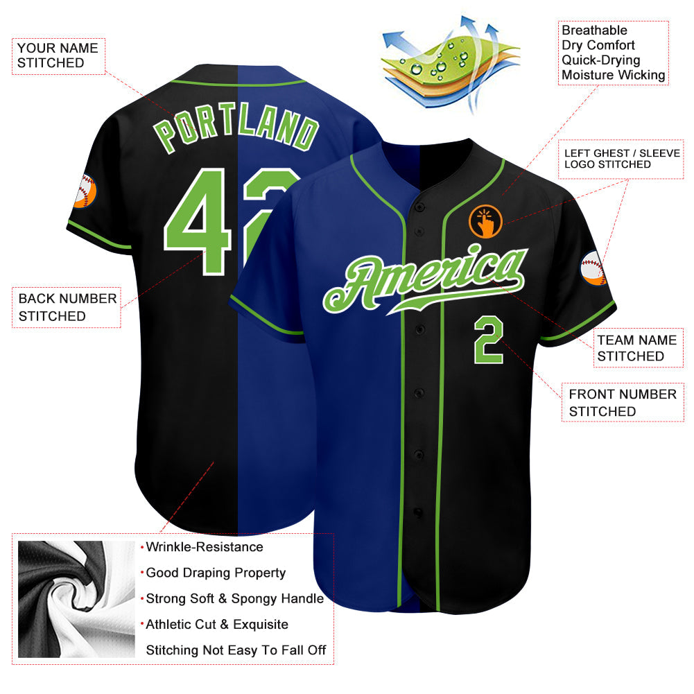 Custom Black Neon Green-Royal Authentic Split Fashion Baseball Jersey - Sky-Custom