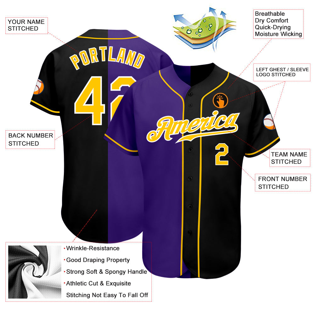 Custom Black Gold-Purple Authentic Split Fashion Baseball Jersey - Sky-Custom