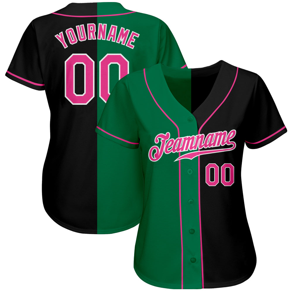 Custom Black Pink-Kelly Green Authentic Split Fashion Baseball Jersey - Sky-Custom