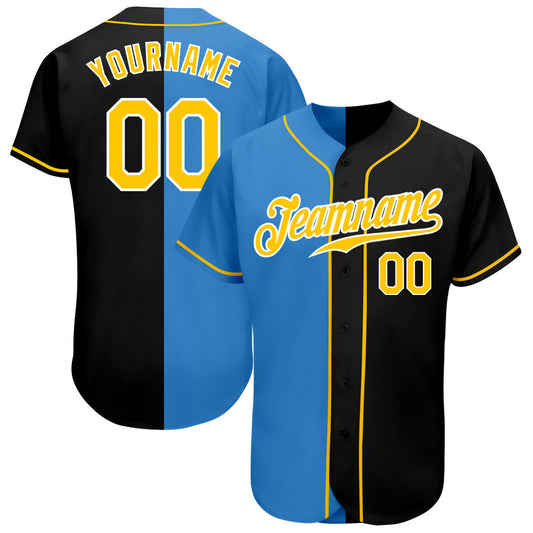 Custom Black Gold-Powder Blue Authentic Split Fashion Baseball Jersey - Sky-Custom