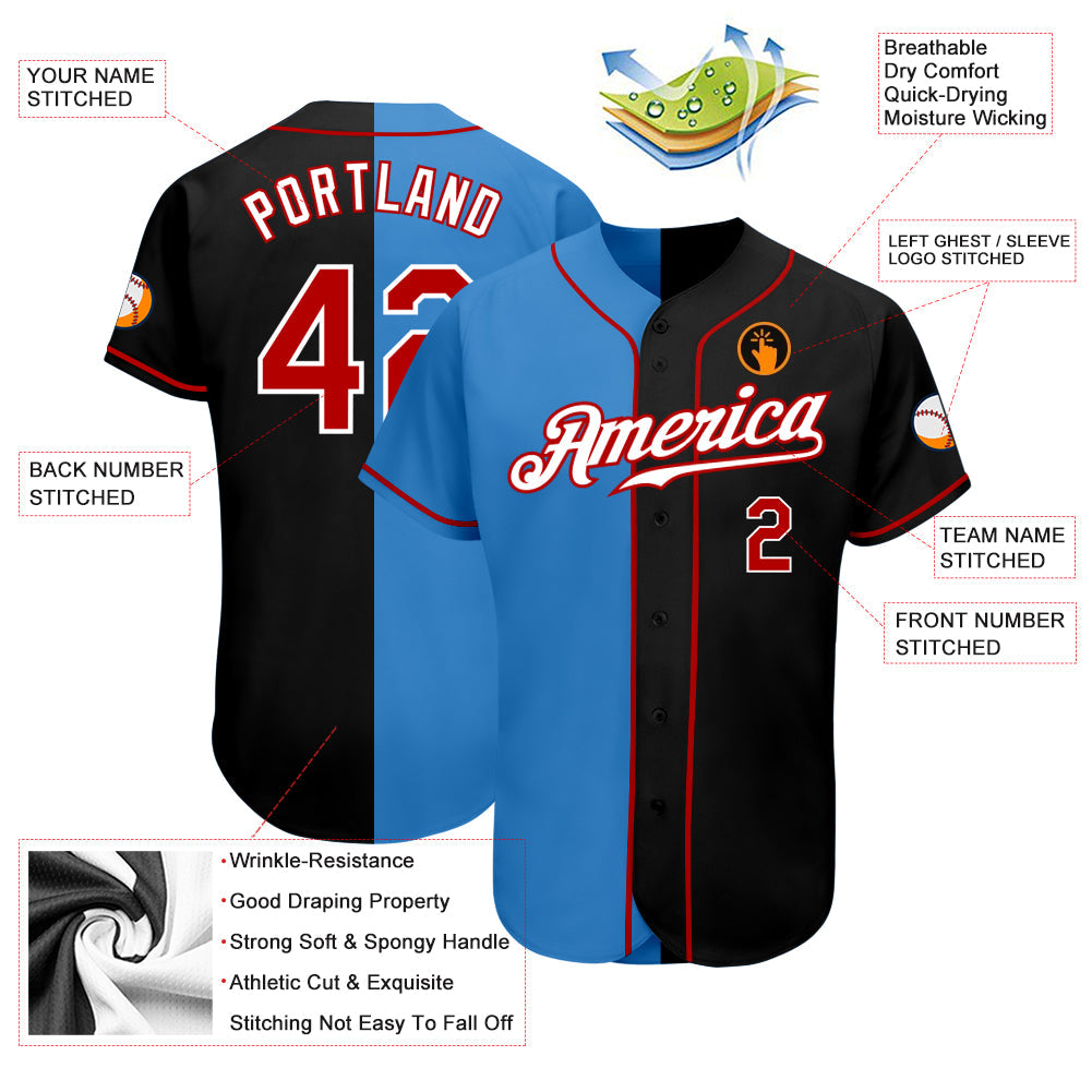 Custom Black Red-Powder Blue Authentic Split Fashion Baseball Jersey - Sky-Custom