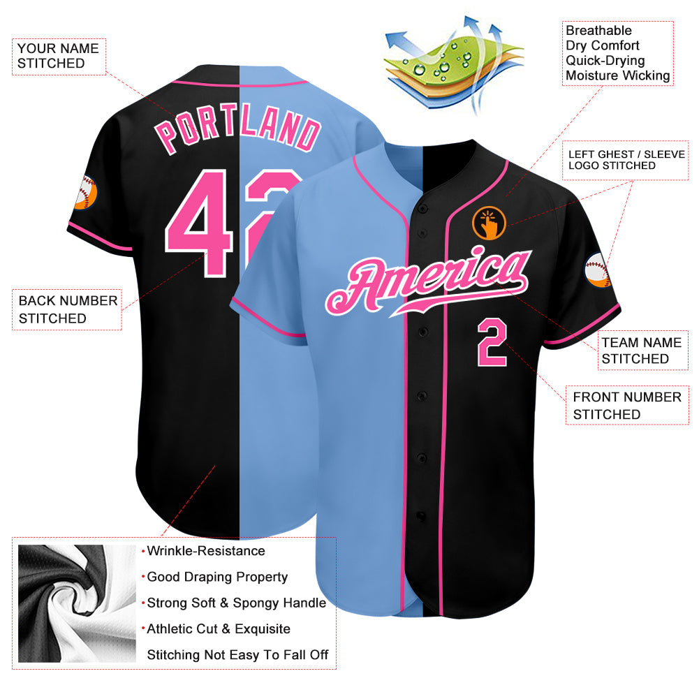 Custom Black Pink-Light Blue Authentic Split Fashion Baseball Jersey - Sky-Custom