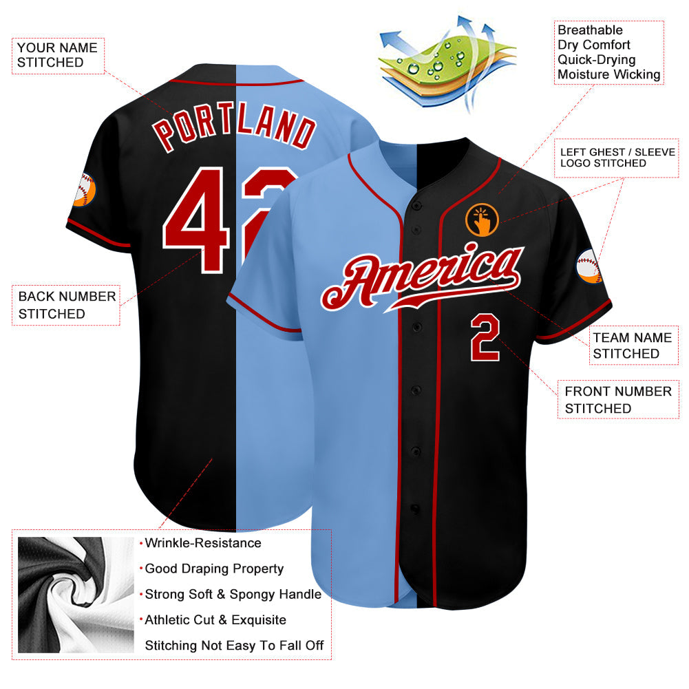 Custom Black Red-Light Blue Authentic Split Fashion Baseball Jersey - Sky-Custom