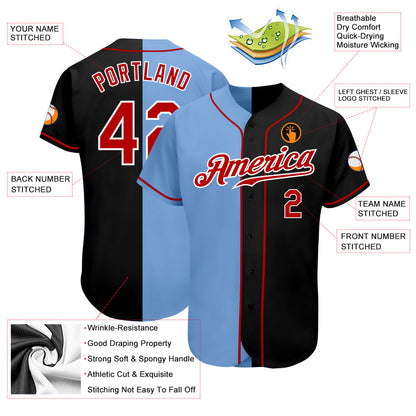 Custom Black Red-Light Blue Authentic Split Fashion Baseball Jersey - Sky-Custom