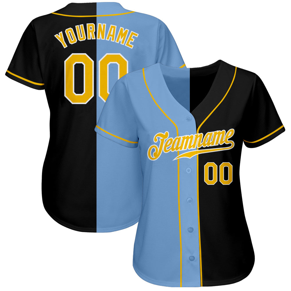 Custom Black Gold-Light Blue Authentic Split Fashion Baseball Jersey - Sky-Custom